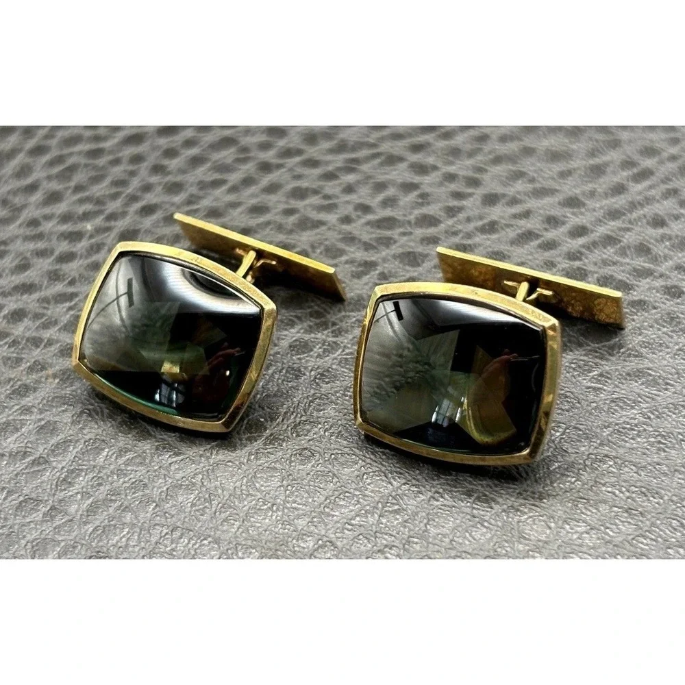 Vintage 14K Solid Gold Cufflinks Dark Green Gemstones Men's Formal Wear Luxury